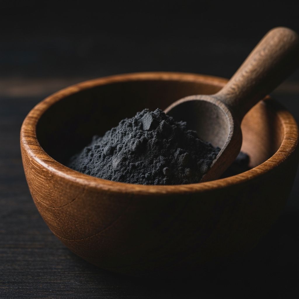 Activated charcoal powder in a wooden bowl, a key KLYNZ detox ingredient