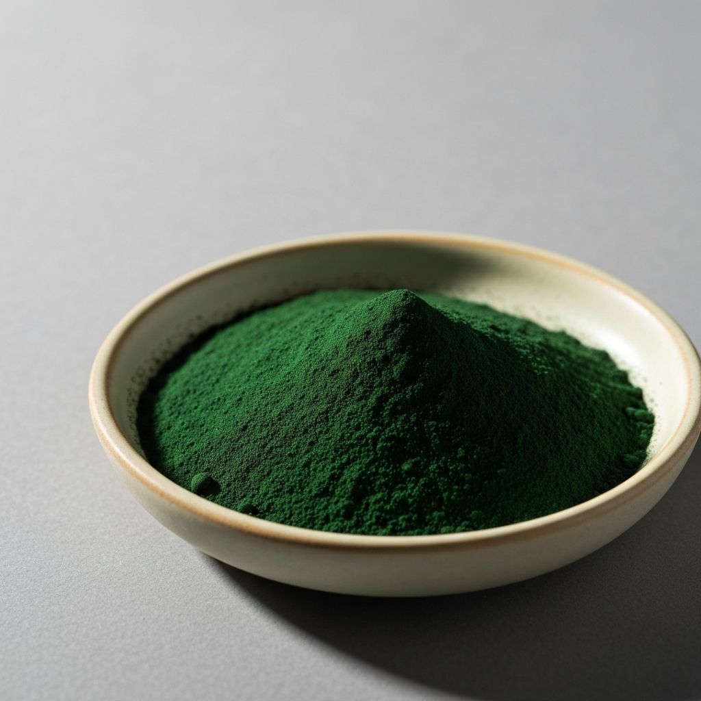 Green spirulina powder in a ceramic dish, a toxin-binding algae in KLYNZ formulas