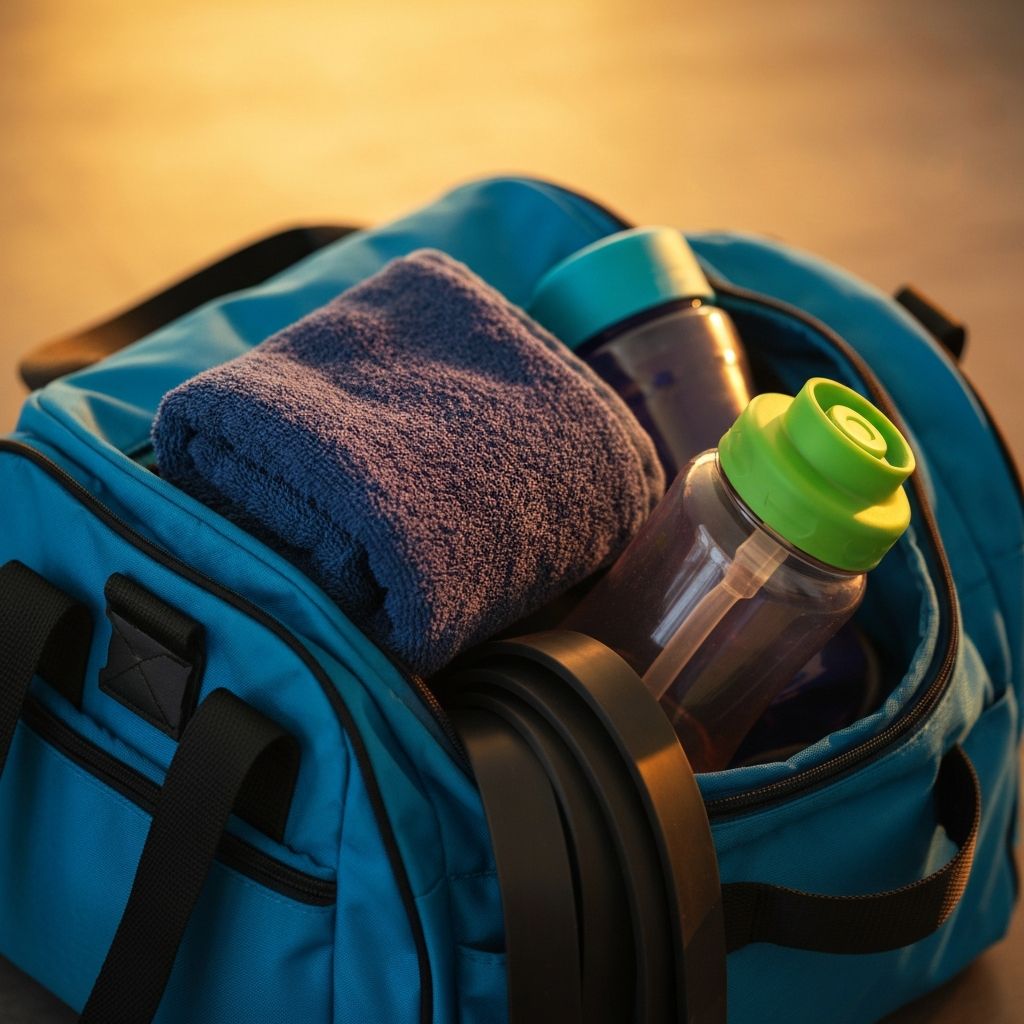 Gym bag with towel and water bottle in a fitness setting