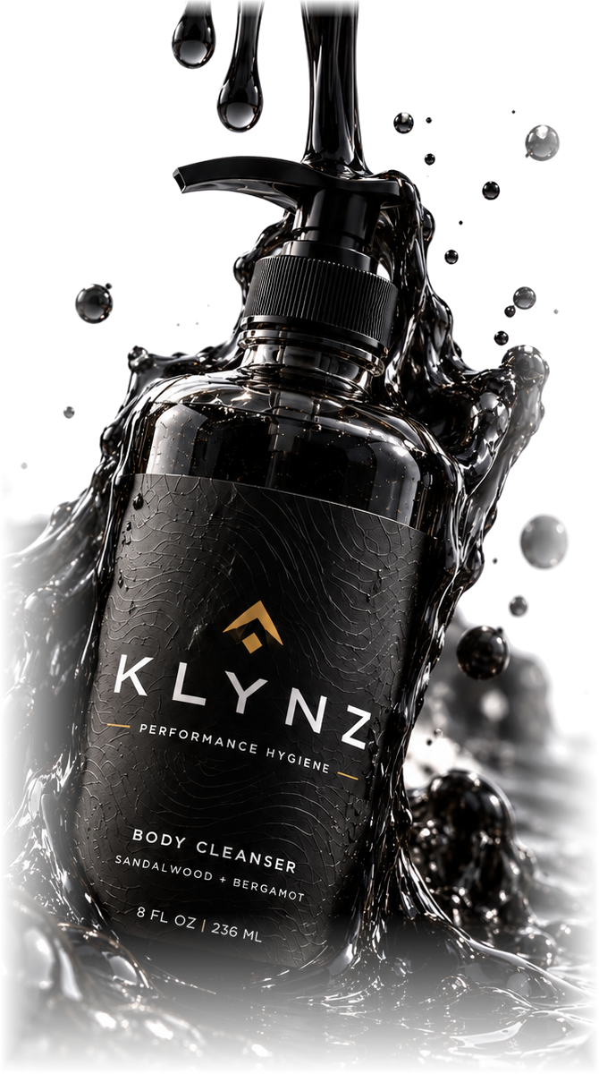 KLYNZ Body Cleanser bottle, Sandalwood + Bergamot, rising from a splash of black liquid
