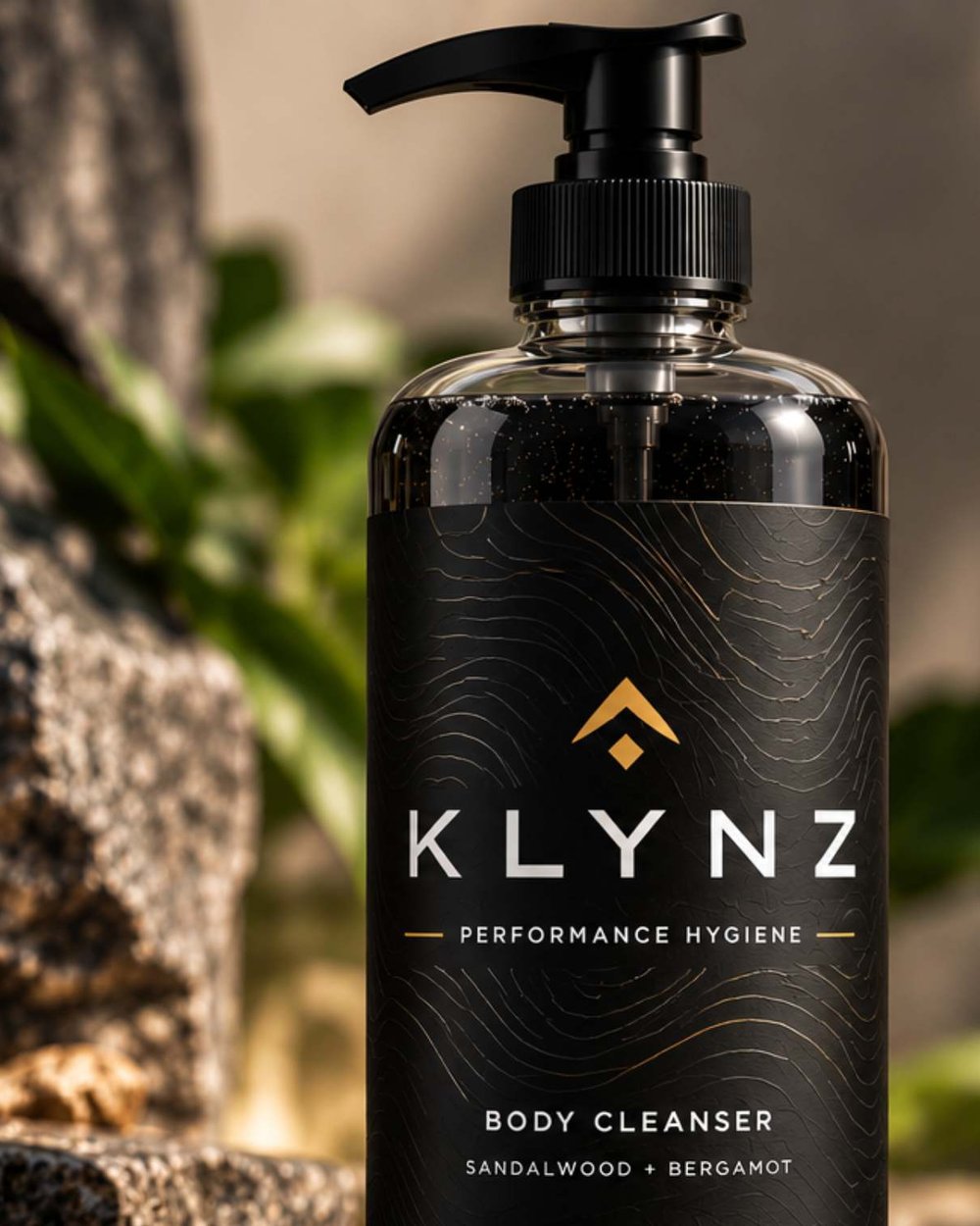 KLYNZ Performance Hygiene Body Cleanser, Sandalwood and Bergamot, on dark stone