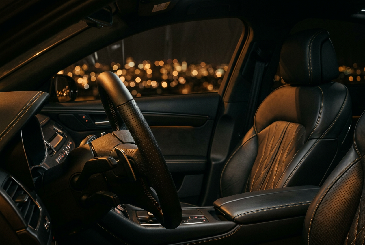 Black leather car interior lit by warm city lights at night