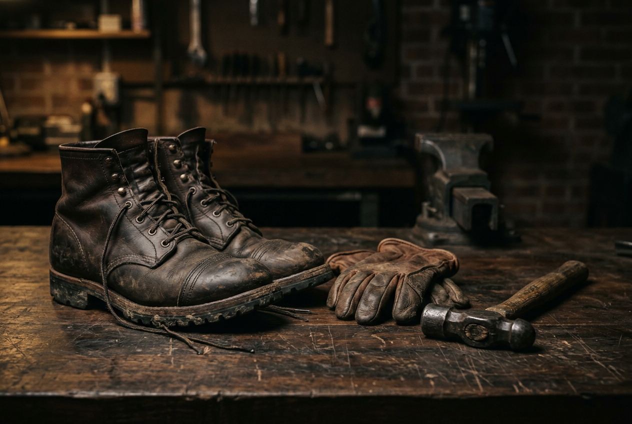 Worn leather work boots, gloves and a hammer on a dark workbench