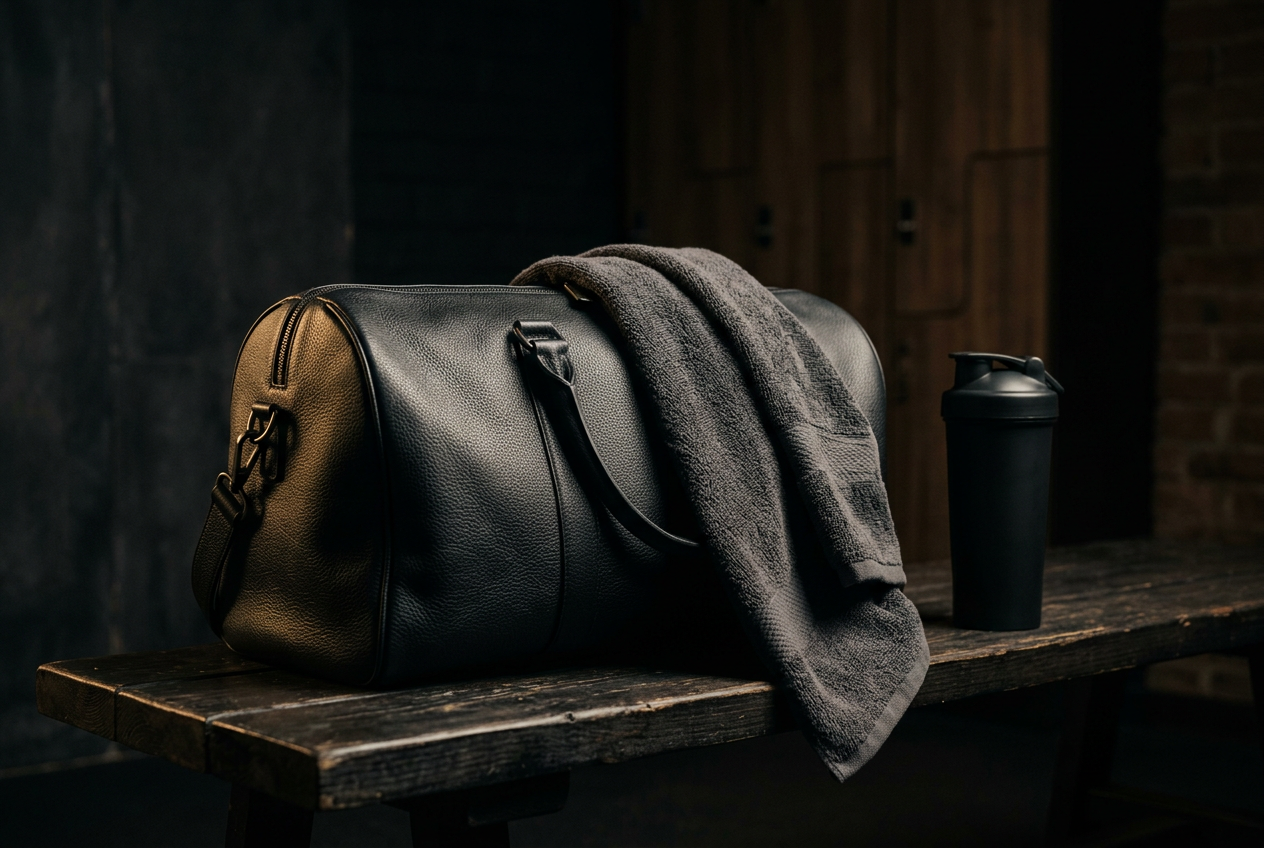 Black leather duffel with a charcoal towel and shaker bottle on a dark wooden bench