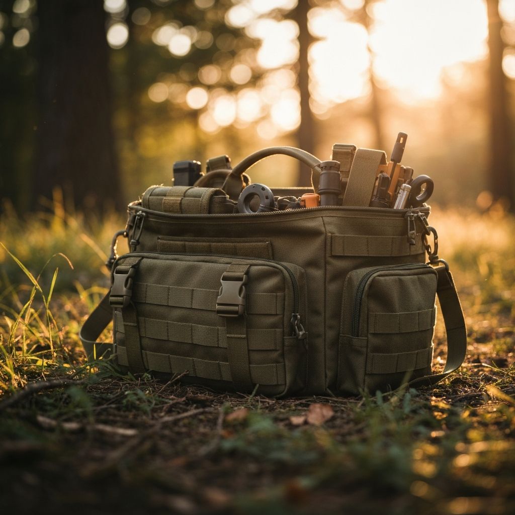 Tactical gear bag with shooting equipment at an outdoor range