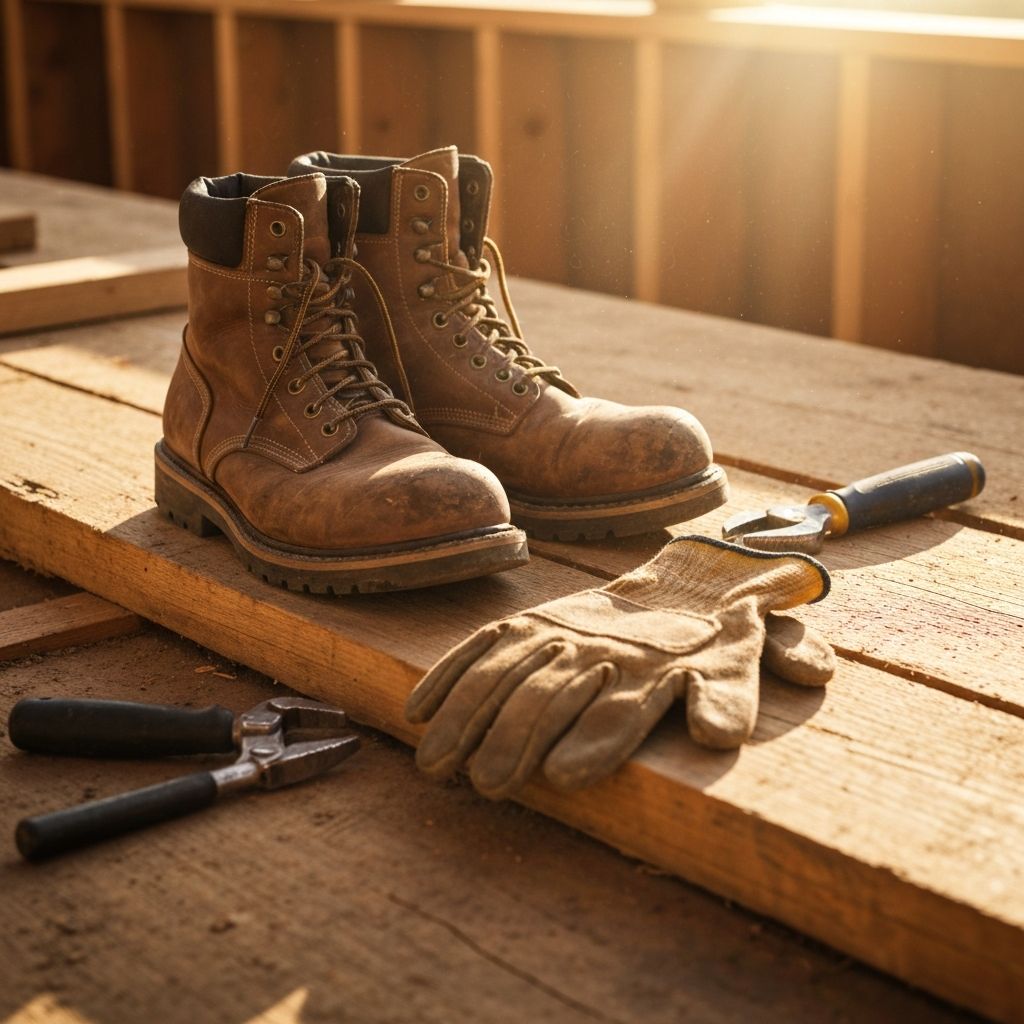 Work boots and gloves on a rustic wood construction surface